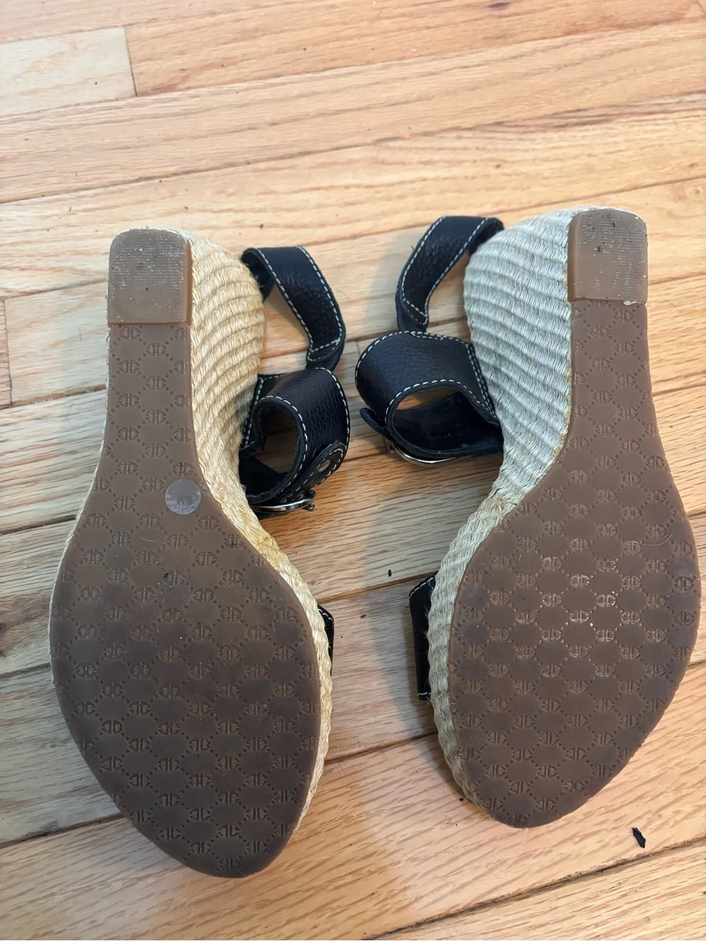ANTONIO MELANI Y2K Black Leather Double-Buckle Espadrille Wedges Size 8 Brazil